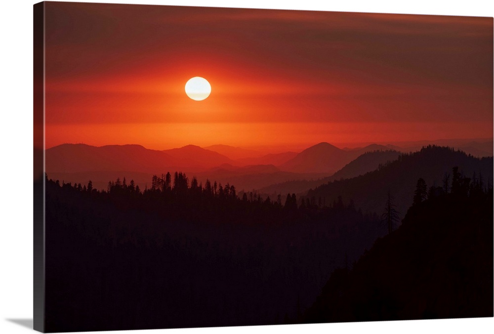 View of a darkened red sky in Sequoia National Park, California.