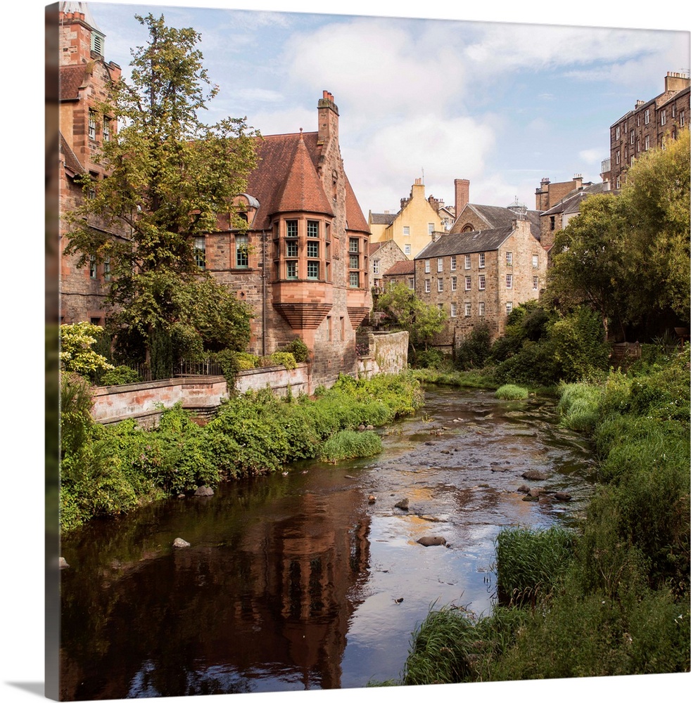 Square photograph of picturesque Dean Village with Water of Leith flowing throwing through the middle, Edinburgh, Scotland...