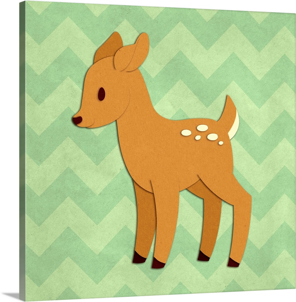A cute fawn with the appearance of cutout paper on a light green chevron-patterned background.