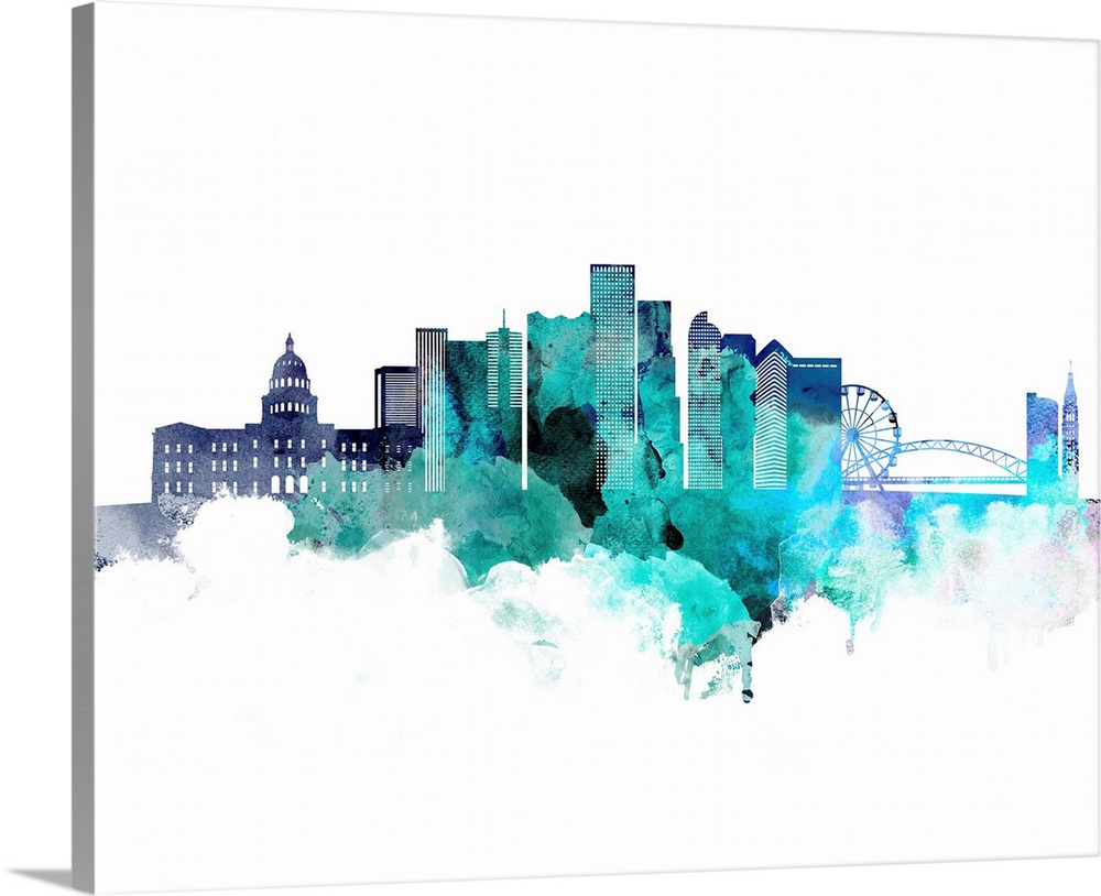 The Denver, Colorado city skyline in watercolor splashes made with shades of blue.