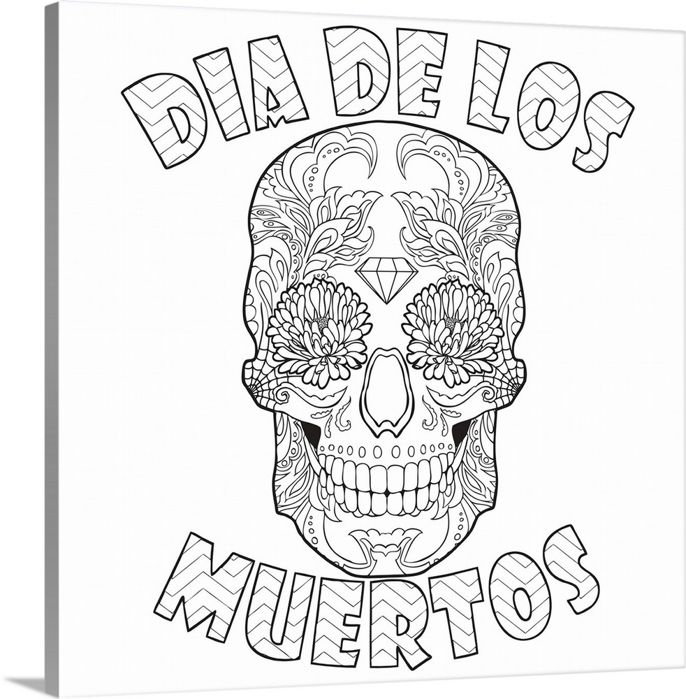 Contemporary line art of a sugar skull with the words Dia De Los Muertos surrounding it.