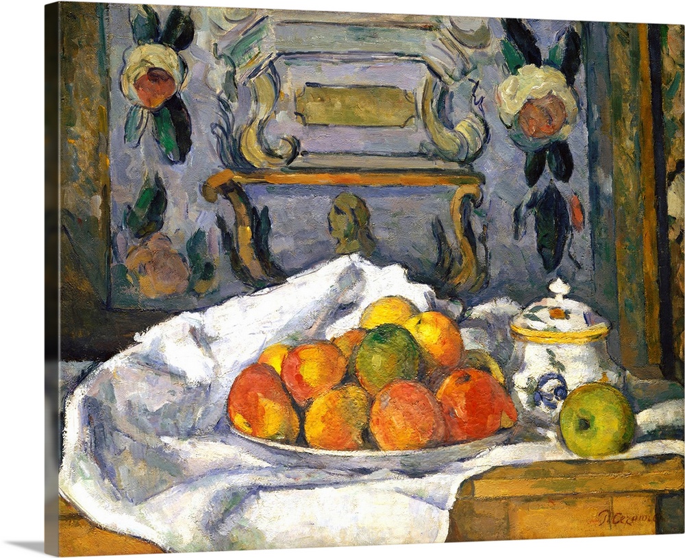This rich and dense still life, featuring a napkin shaped like Mont Sainte-Victoire, was painted about 1876-77 in the hous...