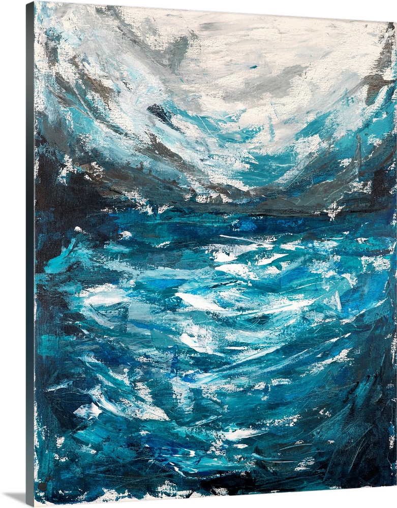 Contemporary abstract painting in varies shades of blue with gray and white, giving the appearance of a landscape.