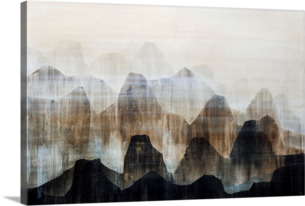 Contemporary artwork of a mountain range painted in various earth-tones.