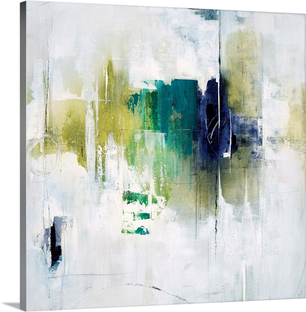 Abstract painting using vivid green and blue tones in gradients on a neutral background.