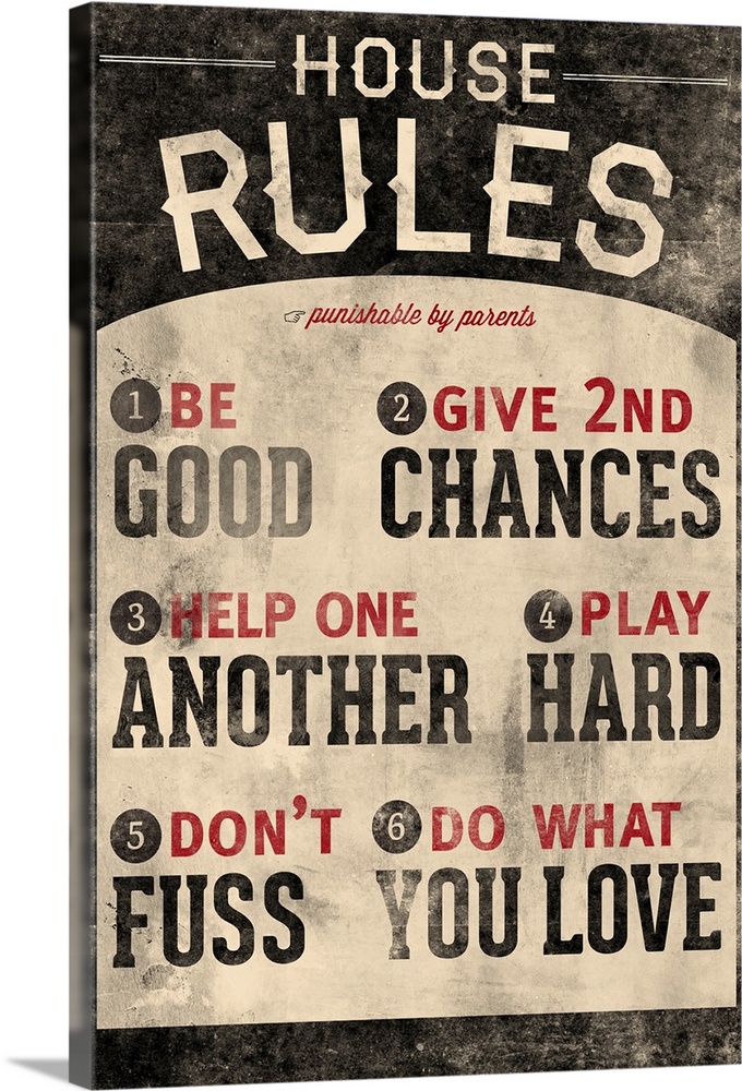 An inspirational poster titled "House Rules". There is a grunge faded look to the print.