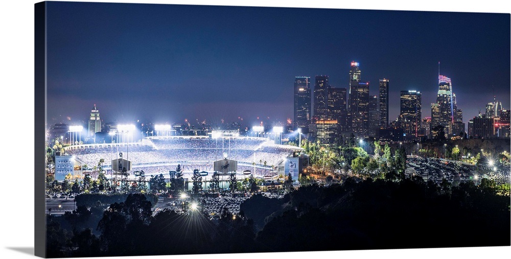 Dodger Stadium and LA skyline Lit Up at Night Wall Art, Canvas Prints