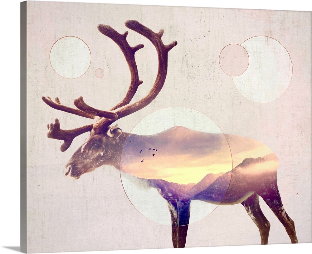 Double exposure artwork of a reindeer and a mountain range with circular shapes.