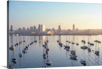 Downtown San Diego And Anchored Sailboats In California