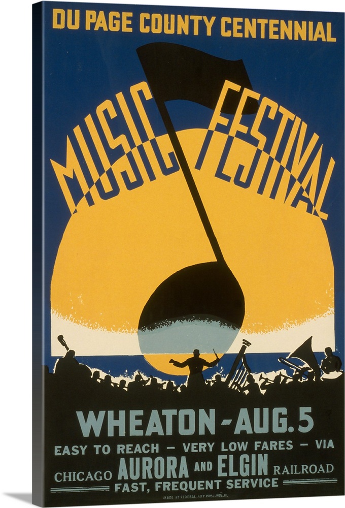 Du Page County centennial music festival, Wheaton, Aug. 5. Poster showing the silhouette of an orchestra and a large music...