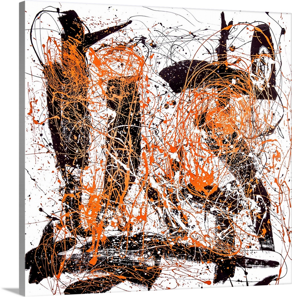 Abstract contemporary artwork in bold black strokes with orange splatters.