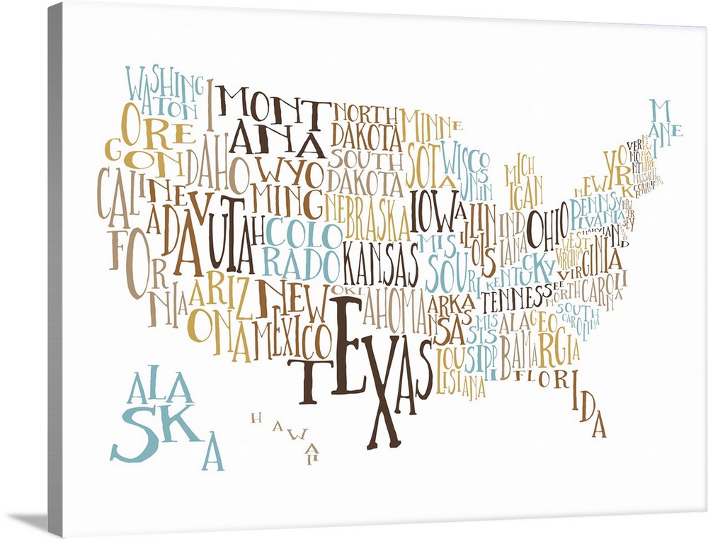 A hand-drawn typography map of the United States with all the state names, in yellow and blue.