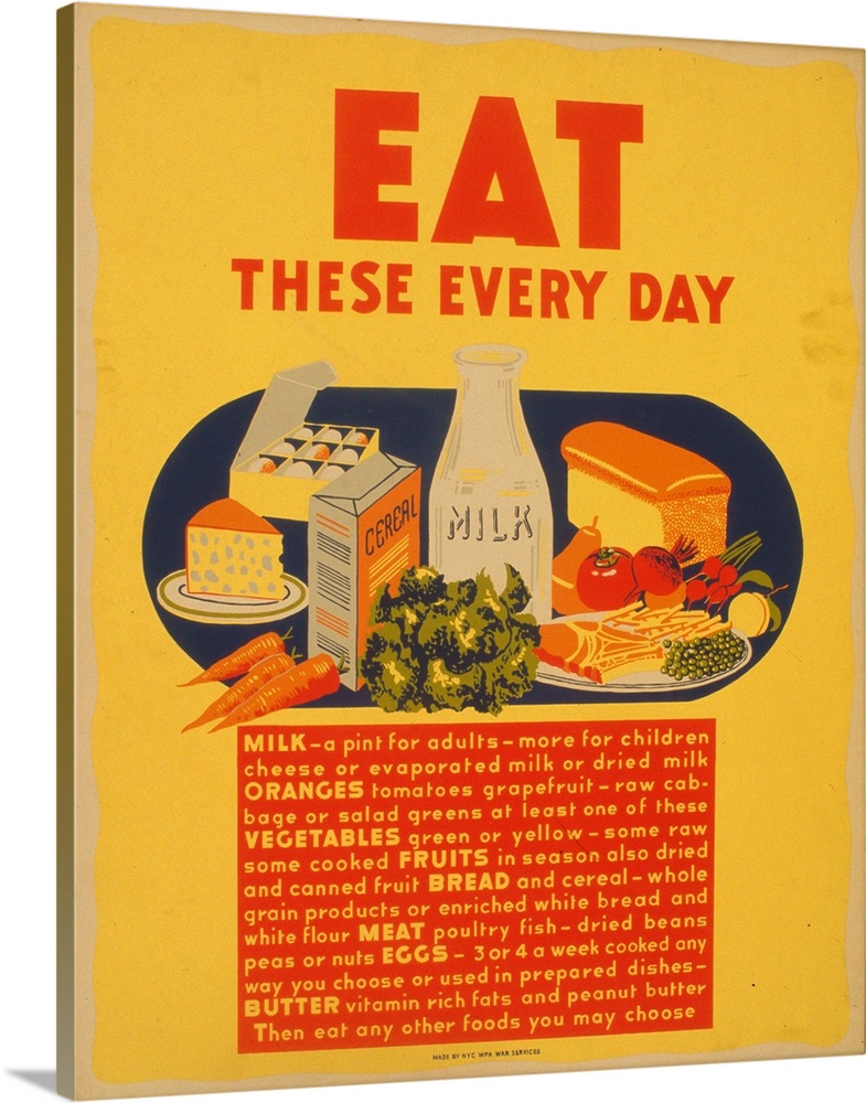 Artwork promoting consumption of healthy foods, showing dairy products (milk, cheese), eggs, fruit, vegetables, bread and ...