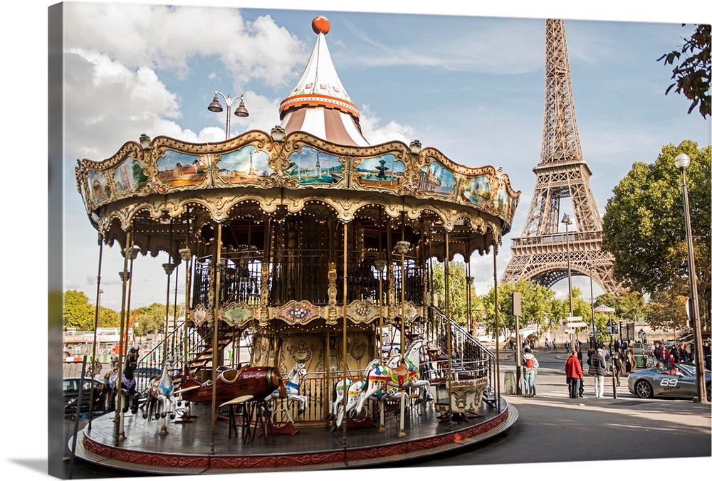 Photograph of the Eiffel Tower Carousel with the Eiffel Tower in the background.