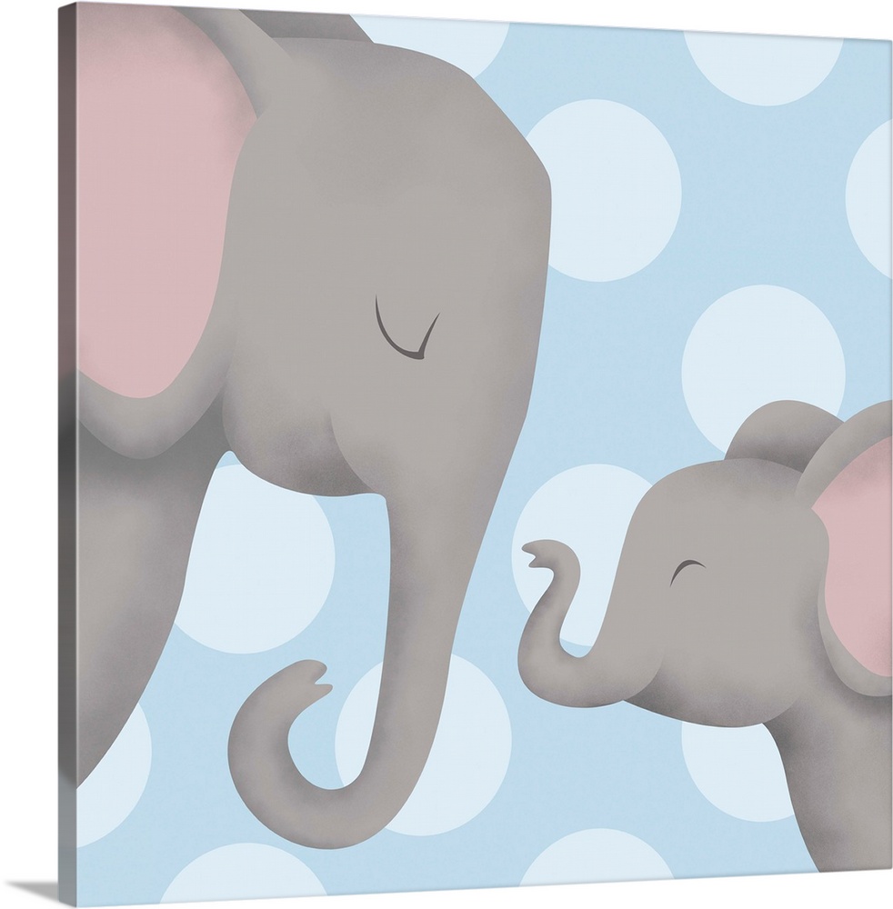 Nursery art of a mother elephant and her baby on a blue polka-dot background.