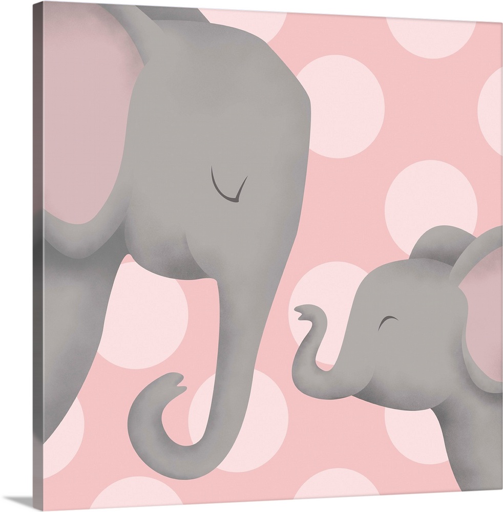 Nursery art of a mother elephant and her baby on a pink polka-dot background.
