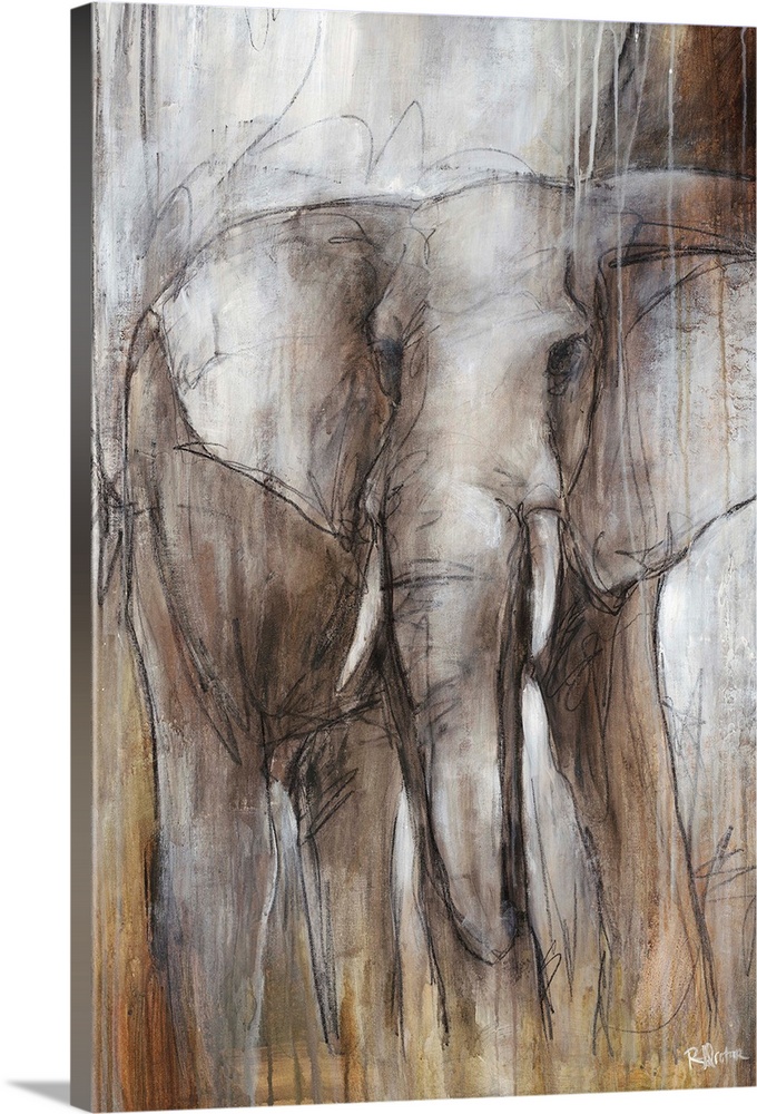Illustrative painting of an elephant done in varying shades of grayish-brown.