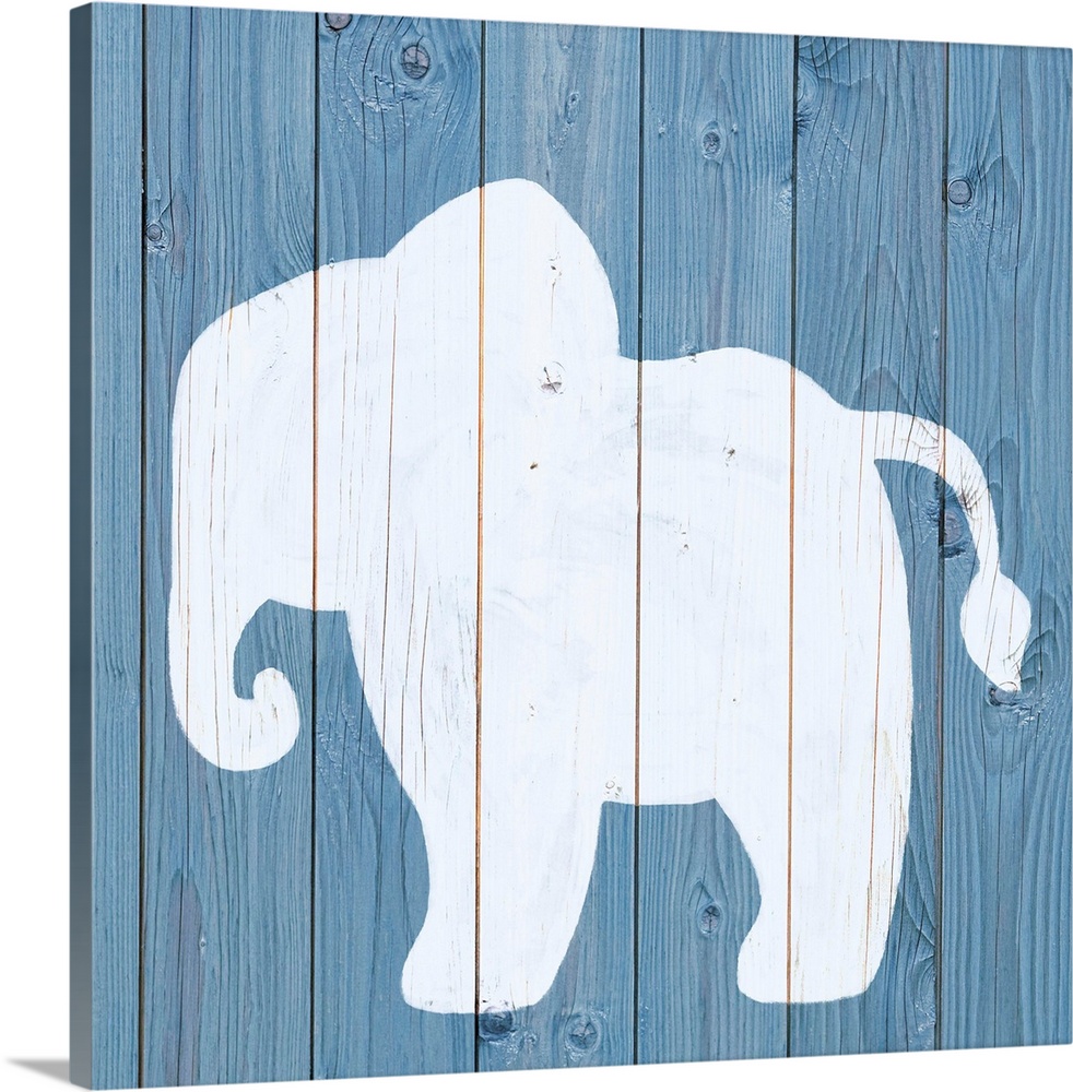 Nursery art of an elephant outline painted on a blue board background.