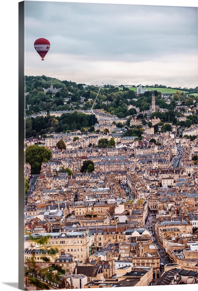 Elevated View Of Bath With Hot Air Balloon, England.