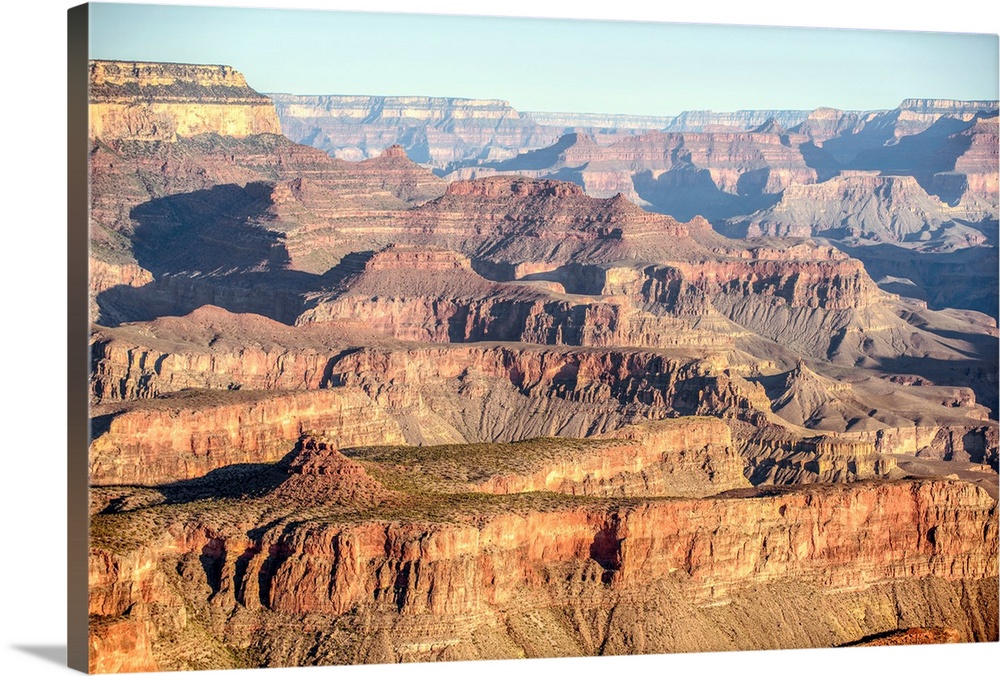 Elevated view of geological formations at sunrise in Grand Canyon National Park, Arizona.