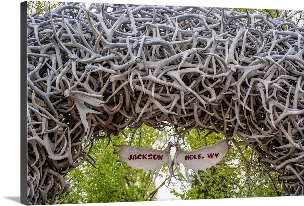 View of an elk antler arch in Jackson Town Square, Wyoming.