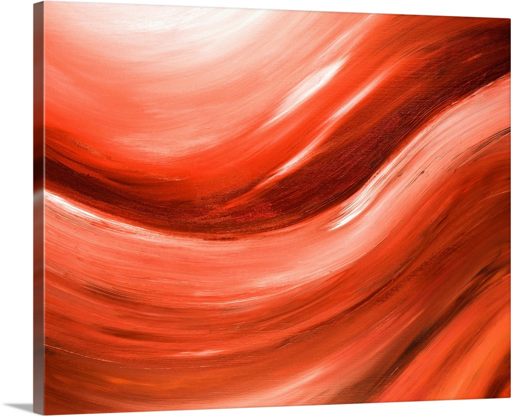 Horizontal contemporary painting in shades of orange, giving the impression of rolling waves.