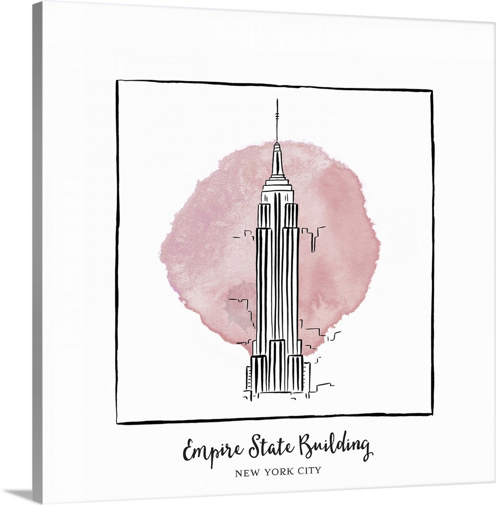 An ink illustration of the Empire State Building in New York City, with a pink watercolor wash.