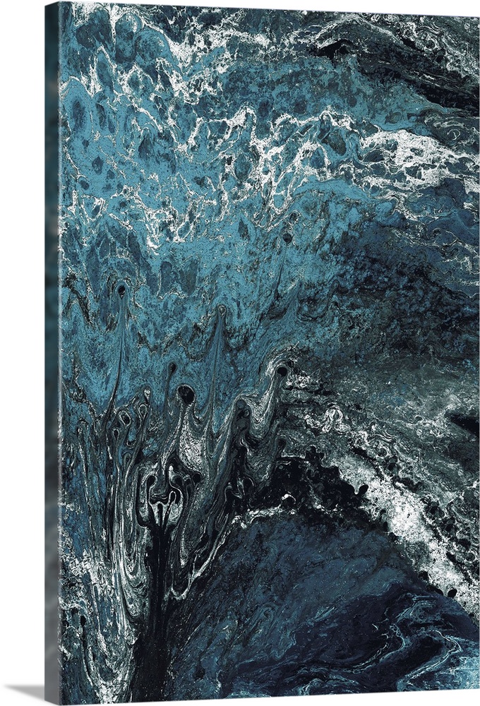Abstract contemporary painting in black, white and blue tones, in a marbling effect.