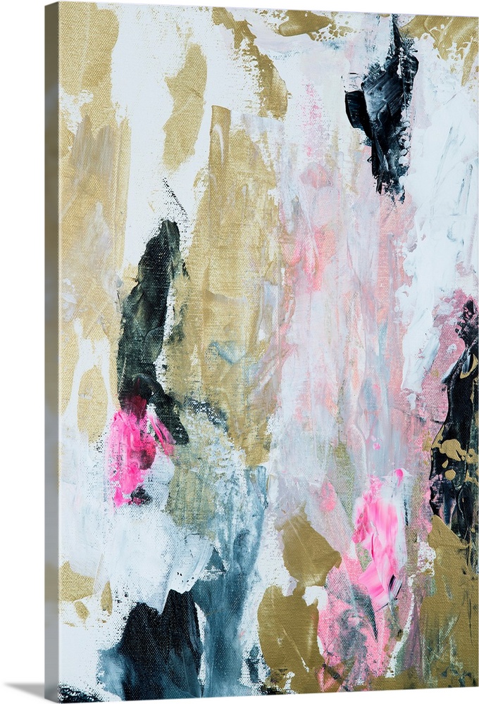 Complementary abstract painting in textured vertical strokes of blue, pink and gold.