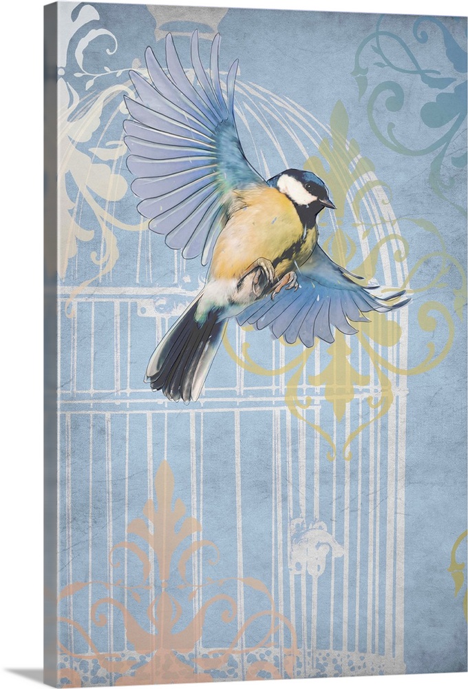 A Blue Tit in flight over a pastel image of a cage and vintage flourishes.