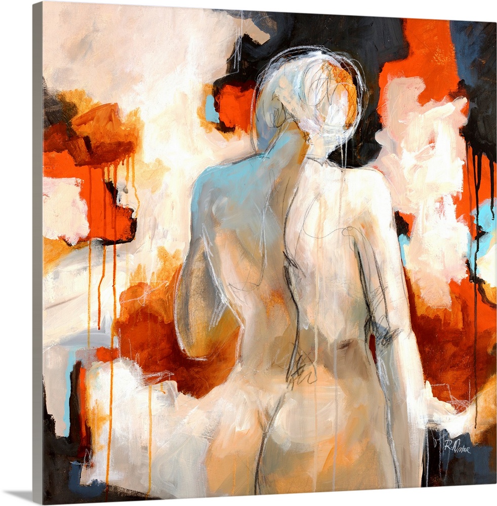 Giant contemporary art shows a profile from behind of a nude woman standing in front of background composed of multiple pa...