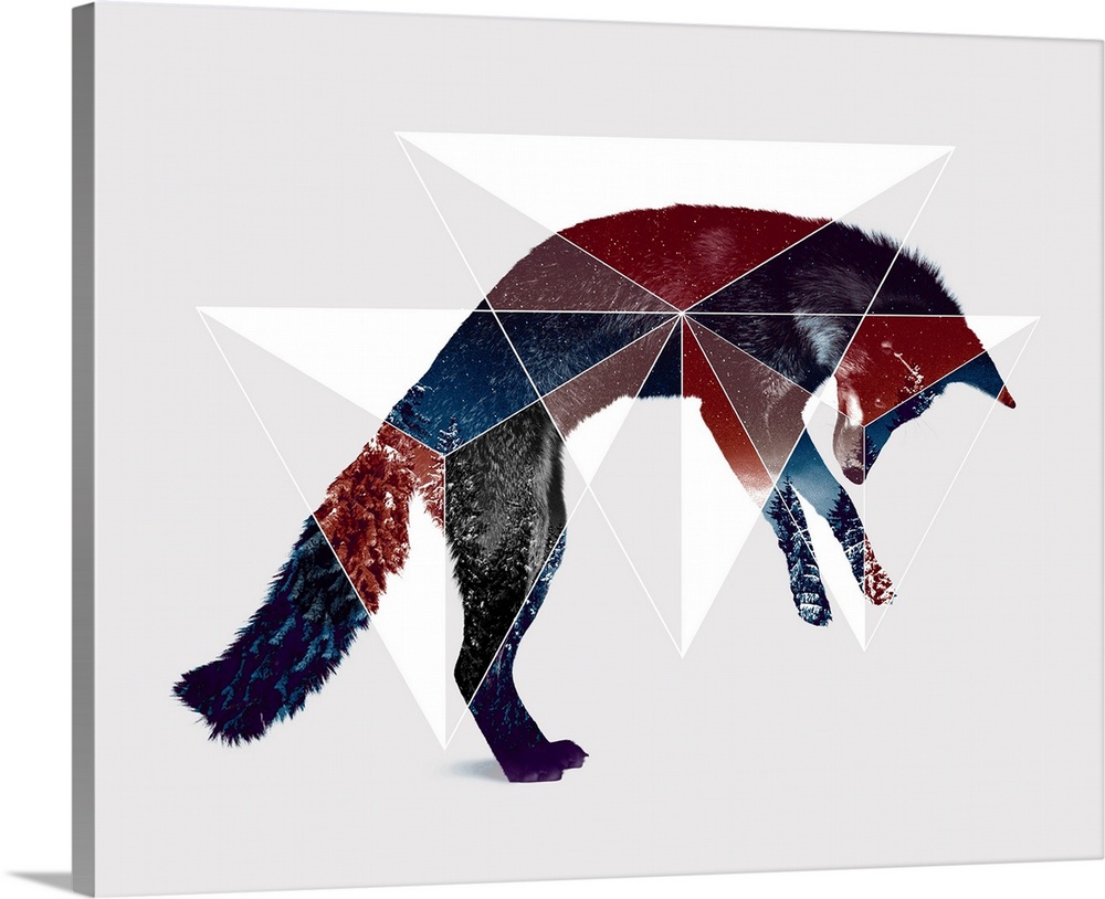 Double exposure artwork of a jumping fox and triangular shapes.