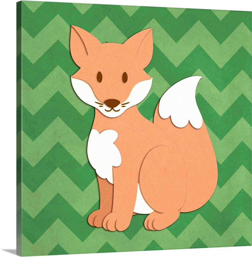 A cute fox with the appearance of cutout paper on a green chevron-patterned background.
