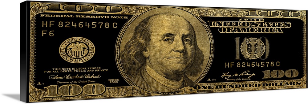 The one hundred dollar bill in black and gold.