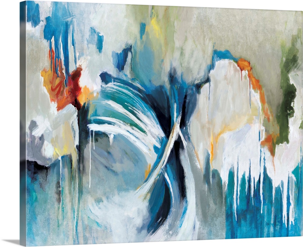 Contemporary abstract artwork in bright colors with flowing, moving shapes.