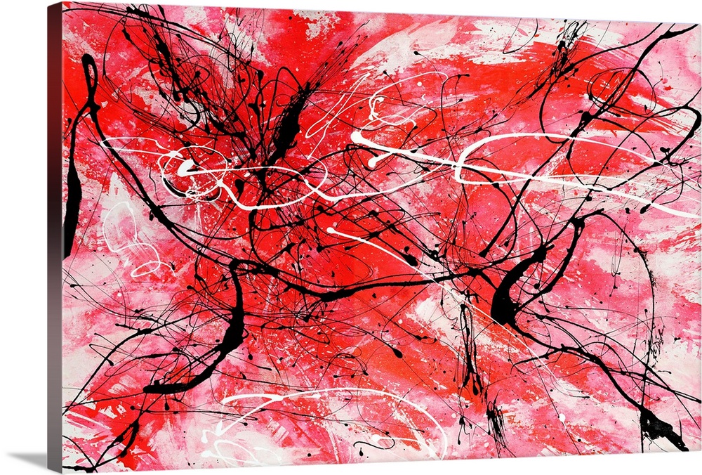Energetic contemporary painting of energetic red brushstrokes and sporadic black and white lines in a style inspired by th...
