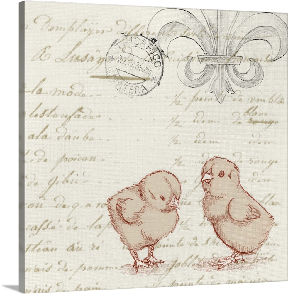 Vintage style artwork of a two chicks over script text with a Fleur de Lis.