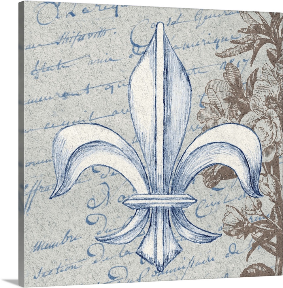 Fleur de Lis design over handwritten text, with a vintage floral element.