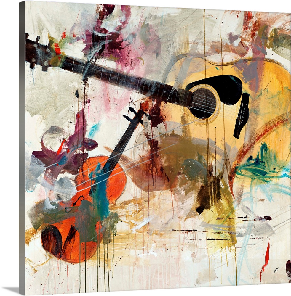Contemporary artwork of instruments with splashes of color painted over them.