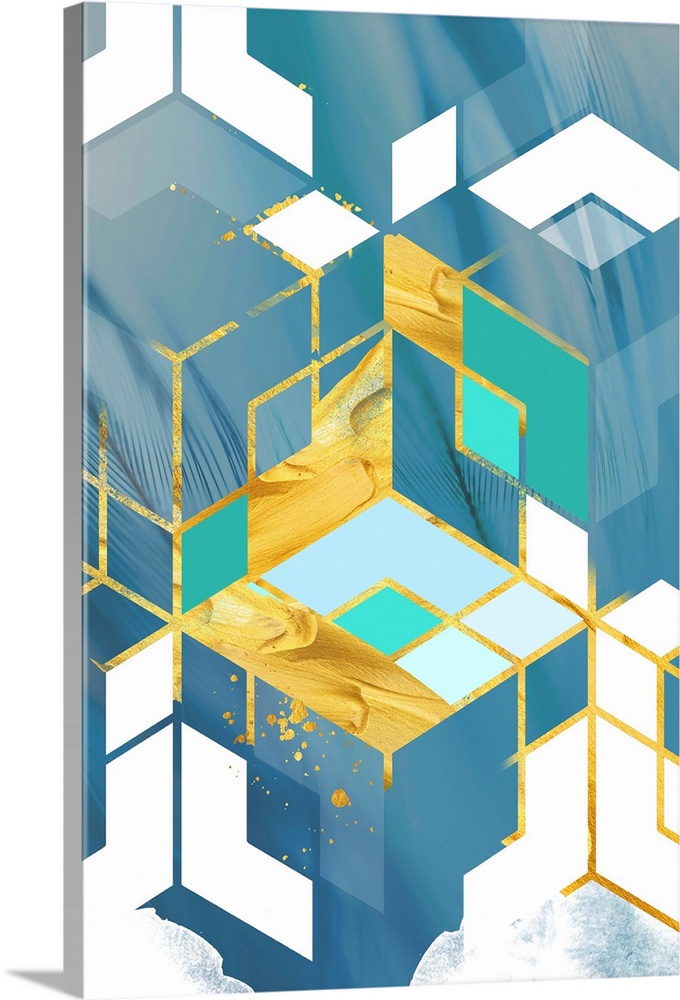 Geometric artwork in shades of blue and yellow with a golden diamond pattern.