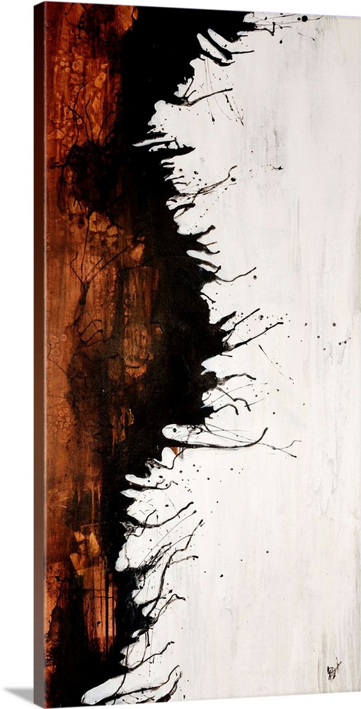 Vertical panoramic painting of two contrasting colors separated by jagged ink splattered edge.