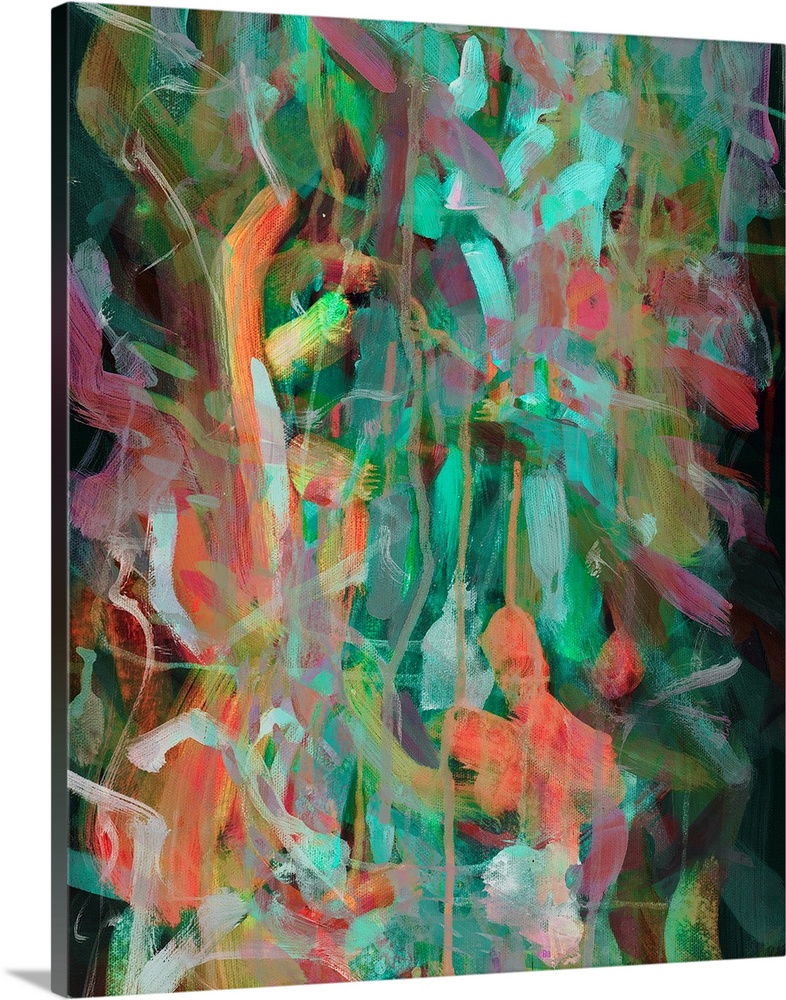 Vertical abstract of multiple colors of paint applied in short brush strokes in varies directions.