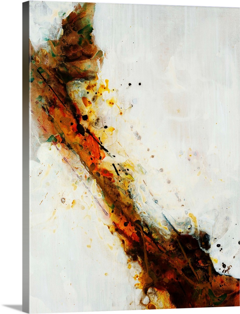 Abstract painting of dark brown, orange and yelllow brushstrokes and paint splatters dividing the composition of the artwo...