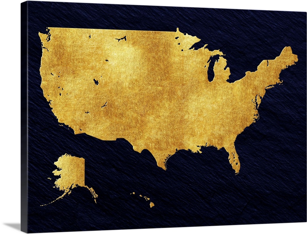Gold and navy map of the United States of America.