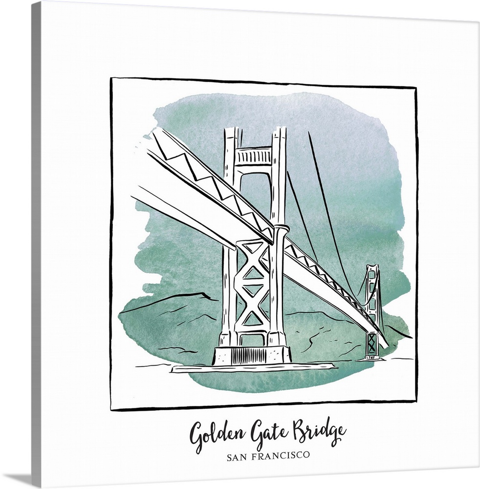 An ink illustration of the Golden Gate Bridge in San Francisco, California, with a teal watercolor wash.