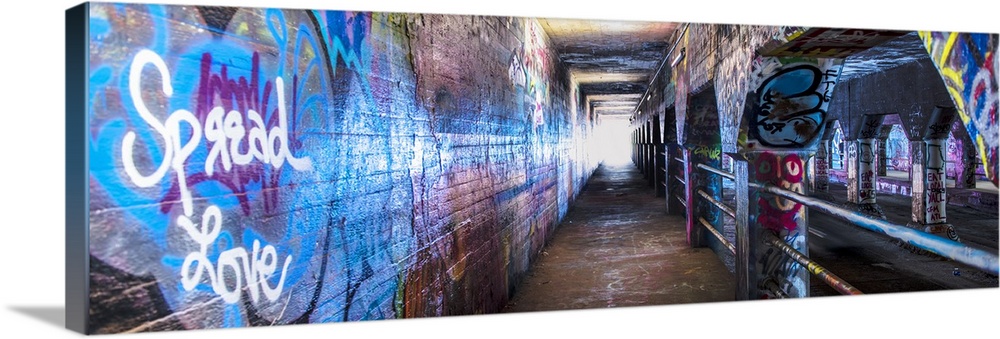 Street art covers the walls, floors, and columns of the Krog Street Tunnel, connecting Inman Park and Cabbagetown, downtow...