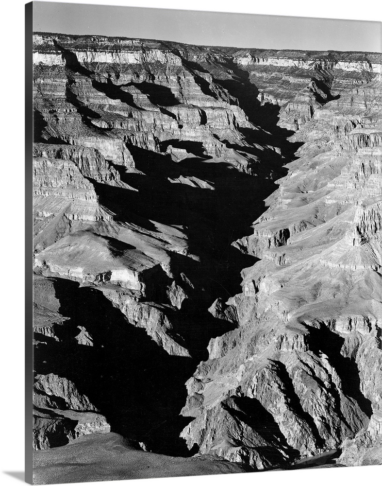 Grand Canyon from South. Rim, 1941,vertical panorama with shadowed ravine.