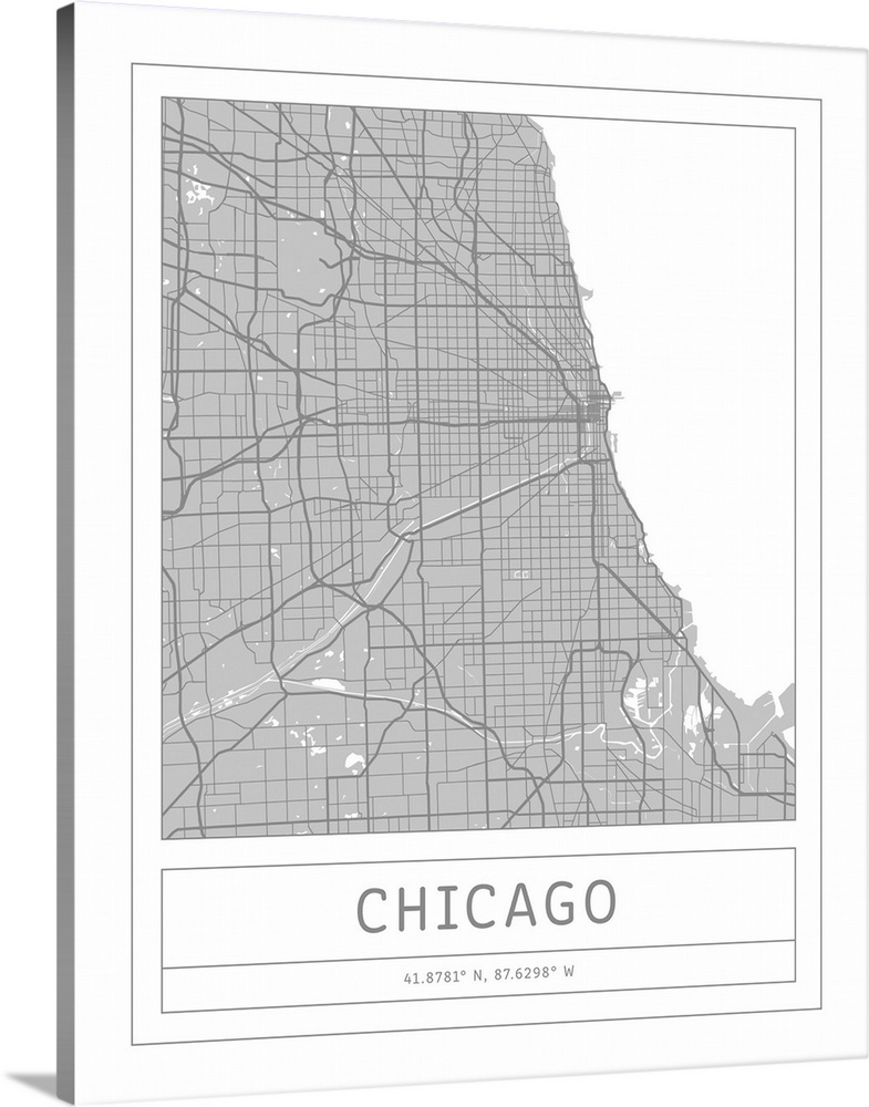 Gray minimal city map of Chicago, Illinois, USA with longitude and latitude coordinates.