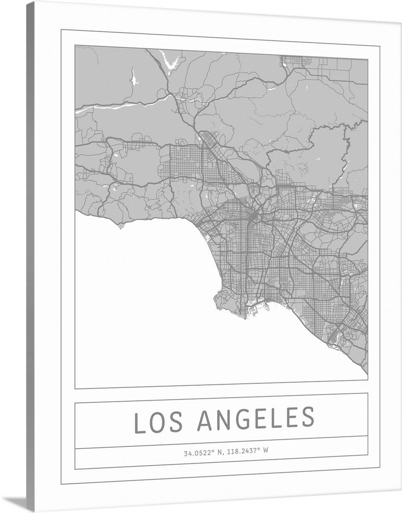 Gray minimal city map of Los Angeles, California, USA with longitude and latitude coordinates.