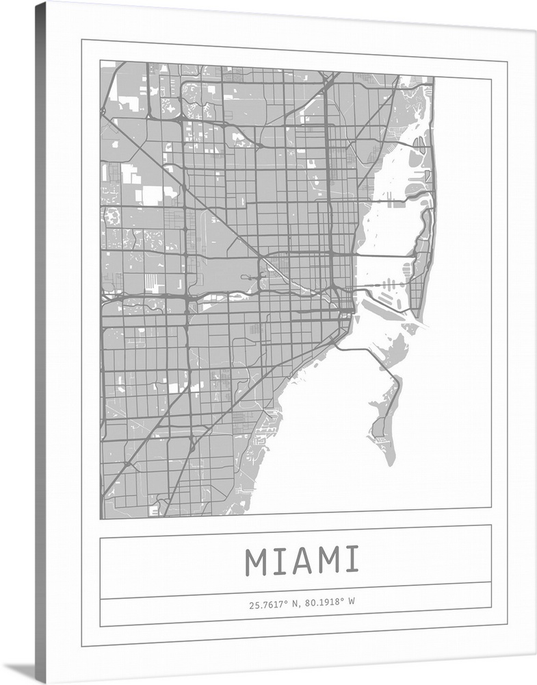 Gray minimal city map of Miami, Florida USA with longitude and latitude coordinates.